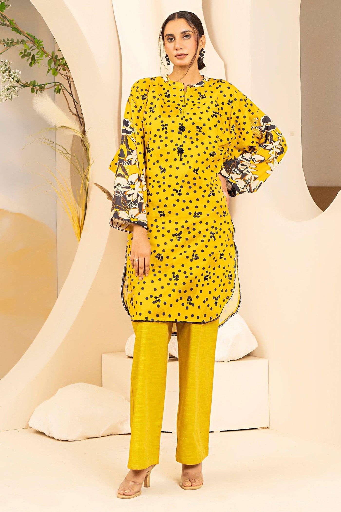 2 Piece Yellow Embroidered Cotton Unstitched