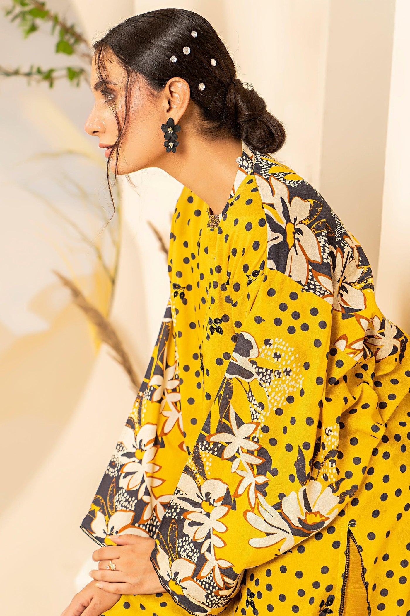 2 Piece Yellow Embroidered Cotton Unstitched