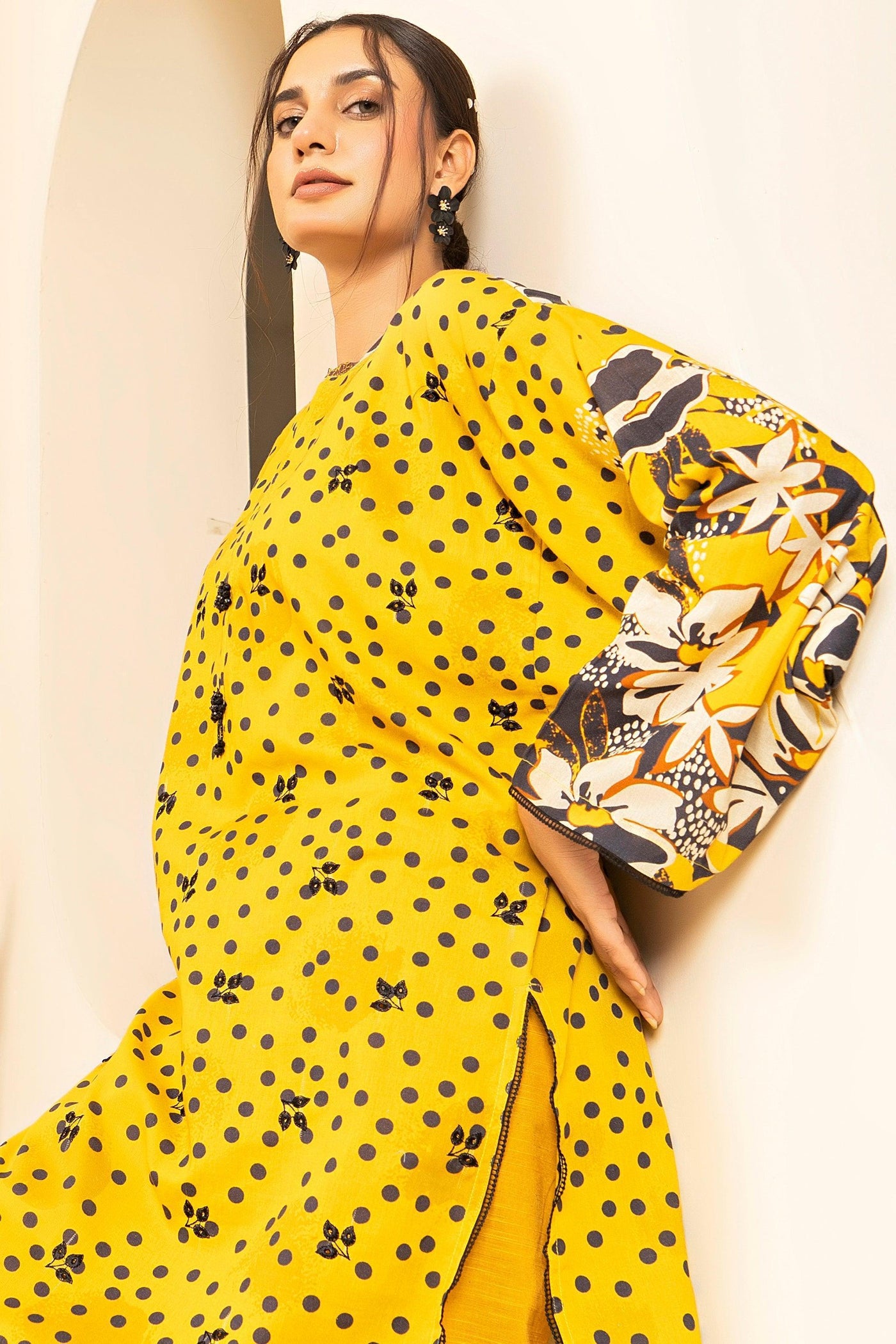 2 Piece Yellow Embroidered Cotton Unstitched